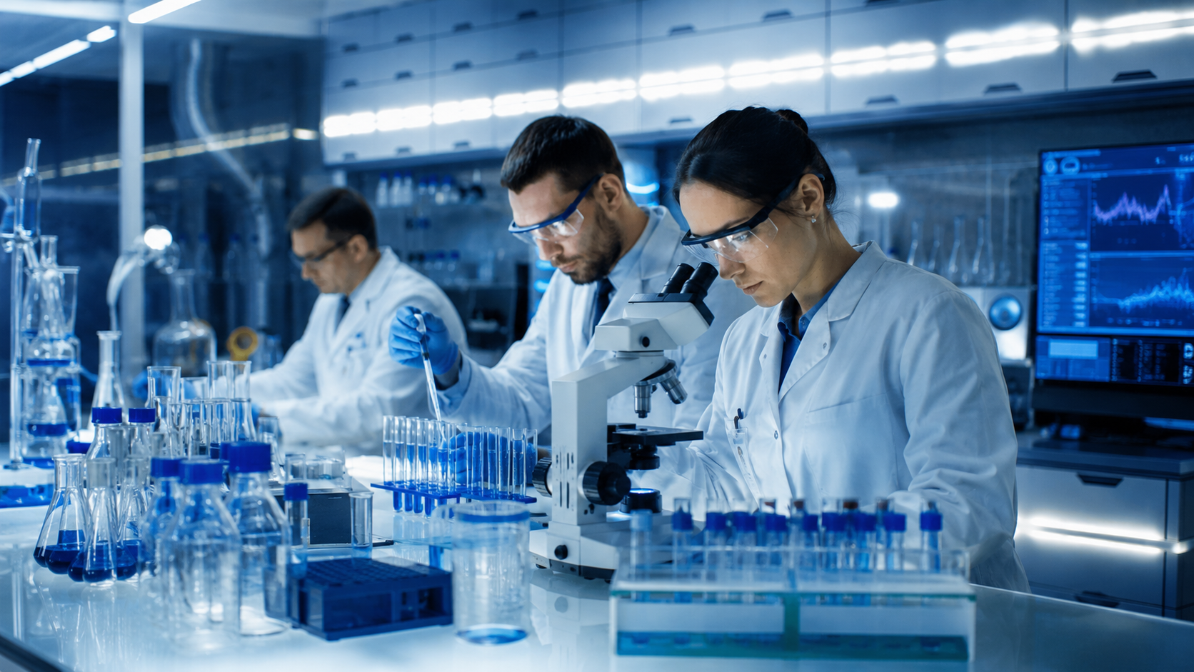 Výskumní vedci pracujúci v laboratóriu